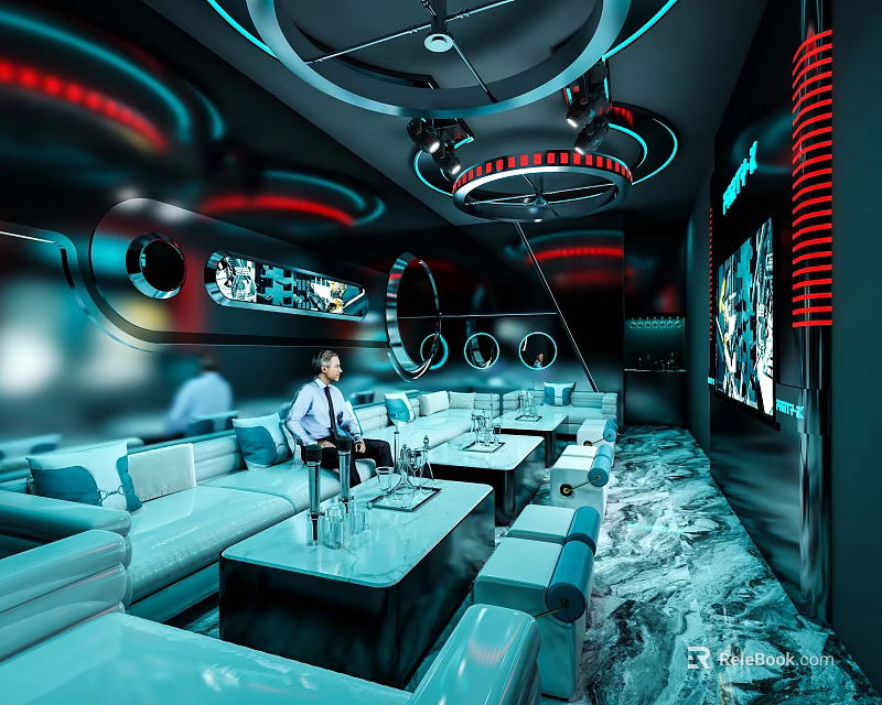 Stylish KTV Lounge Interior Design With Plush Sofas Large TV Screen And Colorful Lighting 3d model 