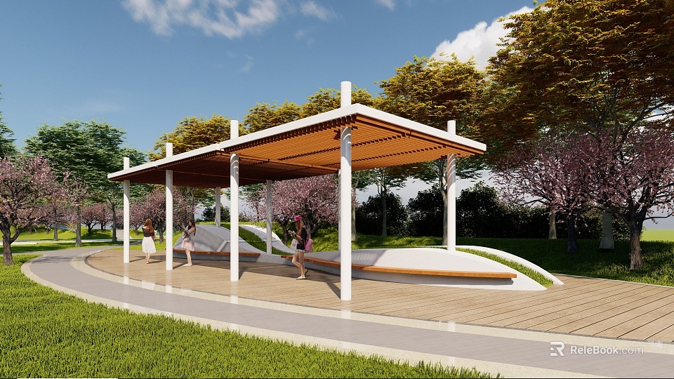 Park Landscape with Covered Pavilion White Pillars Wooden Deck Benches Surrounding Trees Green Lawn 3d model 