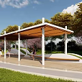 Park Landscape with Covered Pavilion White Pillars Wooden Deck Benches Surrounding Trees Green Lawn