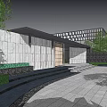 Modern Sales Office Building With Geometric Facade And Water Reflections In Landscaped Area