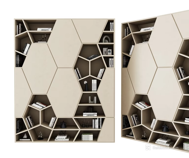 Modern Beige Hexagonal Bookcase With Books And Decor On Geometric Shelves 3d model 