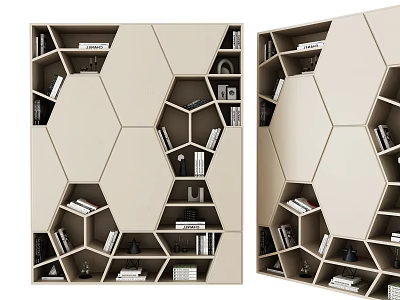 Modern Beige Hexagonal Bookcase With Books And Decor On Geometric Shelves 3d model