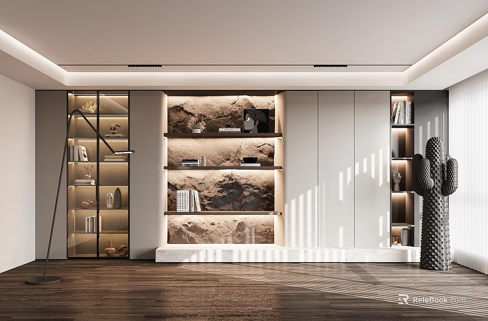 Modern Bookcase Interior Design With Glass Doors Built In Lighting And Decorative Items 3d model 
