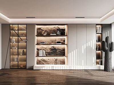 Modern Bookcase Interior Design With Glass Doors Built In Lighting And Decorative Items 3d model