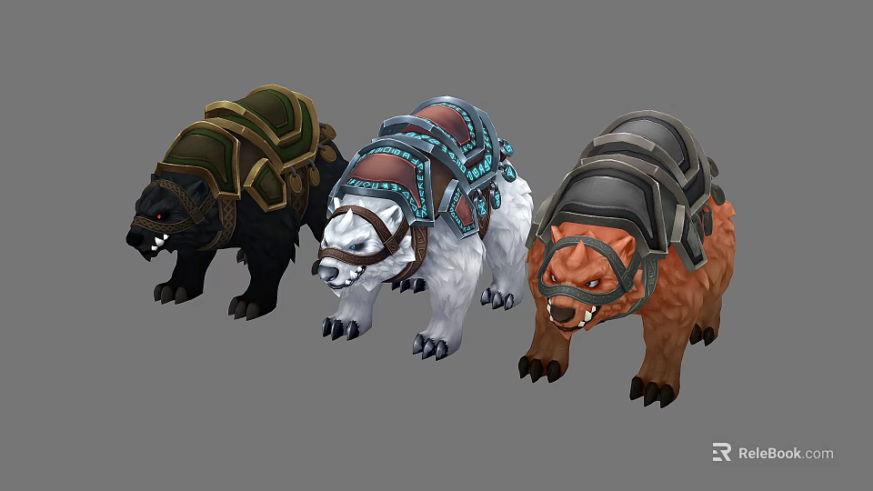 Three Different Colored Bear Mounts With Decorative Saddles For Fantasy Games 3d model 