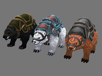 Three Different Colored Bear Mounts With Decorative Saddles For Fantasy Games 3d model