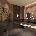Footprint Logo Modern Lobby With Wooden Decor Dark Floor Blue Screen And Geometric Desk
