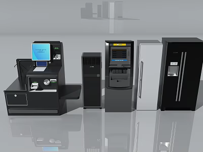 Modern Household Appliances Collection Featuring Cash Register Refrigerator And Air Conditioner 3d model
