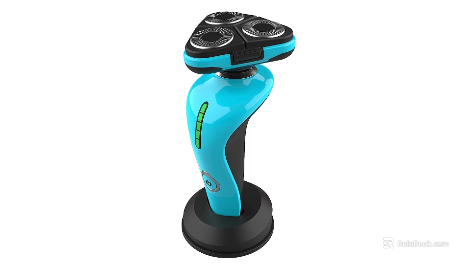 Modern Three Blade Electric Shaver With Blue Handle Black Base And Green Indicator Light Design 3d model 