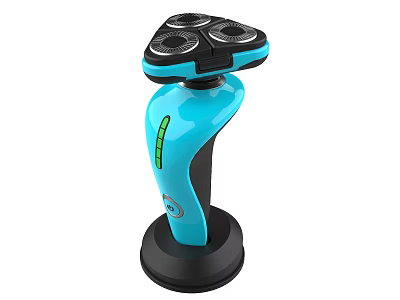 Modern Three Blade Electric Shaver With Blue Handle Black Base And Green Indicator Light Design 3d model