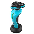 Modern Three Blade Electric Shaver With Blue Handle Black Base And Green Indicator Light Design