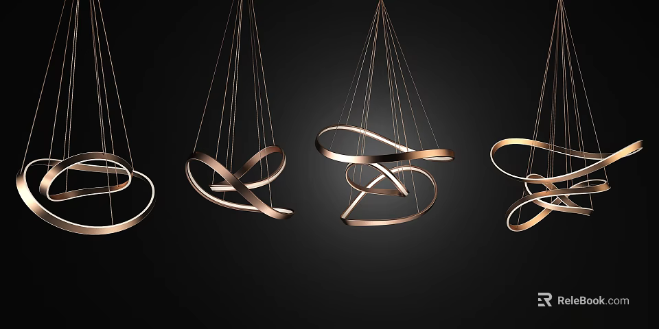 Unique Modern Curved Loop Design Metal Chandeliers Hanging With Copper Finish On Black Background 3d model 