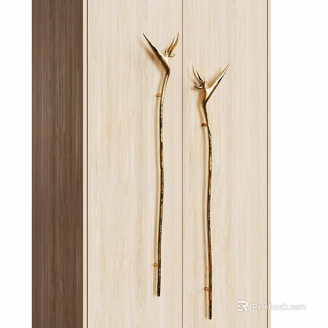 Elegant Golden Door Handles With Unique Curved Design On Light Wooden Cabinet Panels 3d model 