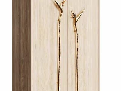 Elegant Golden Door Handles With Unique Curved Design On Light Wooden Cabinet Panels 3d model
