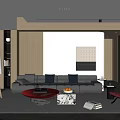 Modern Living Room Interior With Gray Sofa Red Chair Marble Coffee Table And Wooden Accents