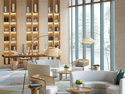 Stylish Lounge Area Interior With Cozy Sofas Armchairs And Decorative Shelves 3d model