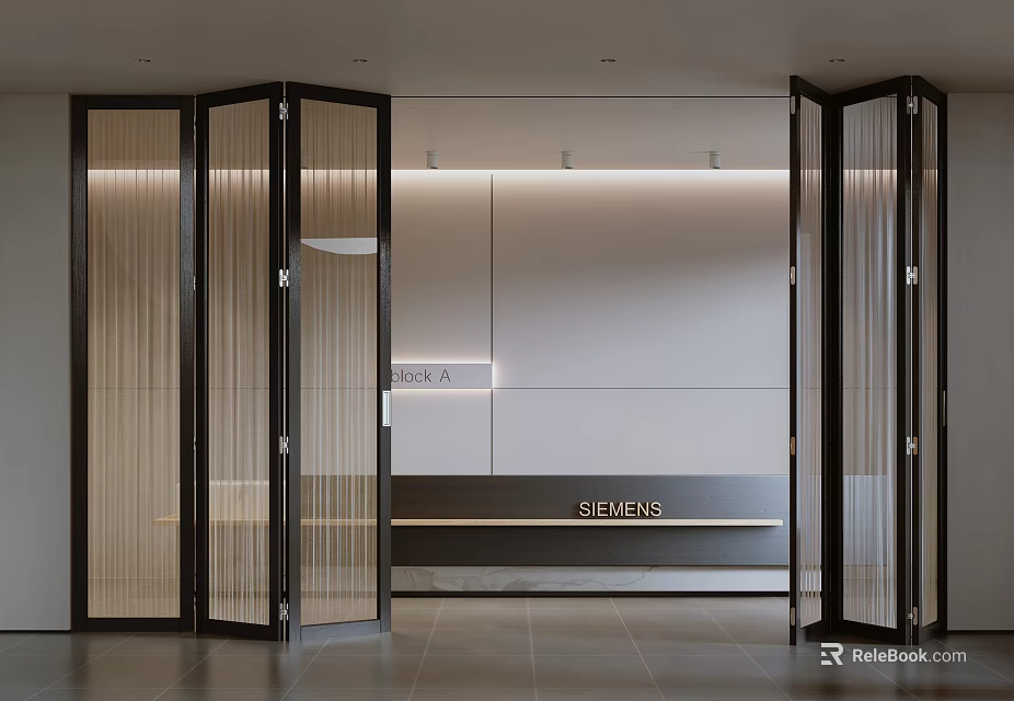 Modern Interior With Open Folding Glass Doors And Sleek Reception Counter Design 3d model 