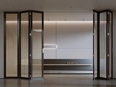 Modern Interior With Open Folding Glass Doors And Sleek Reception Counter Design 3d model
