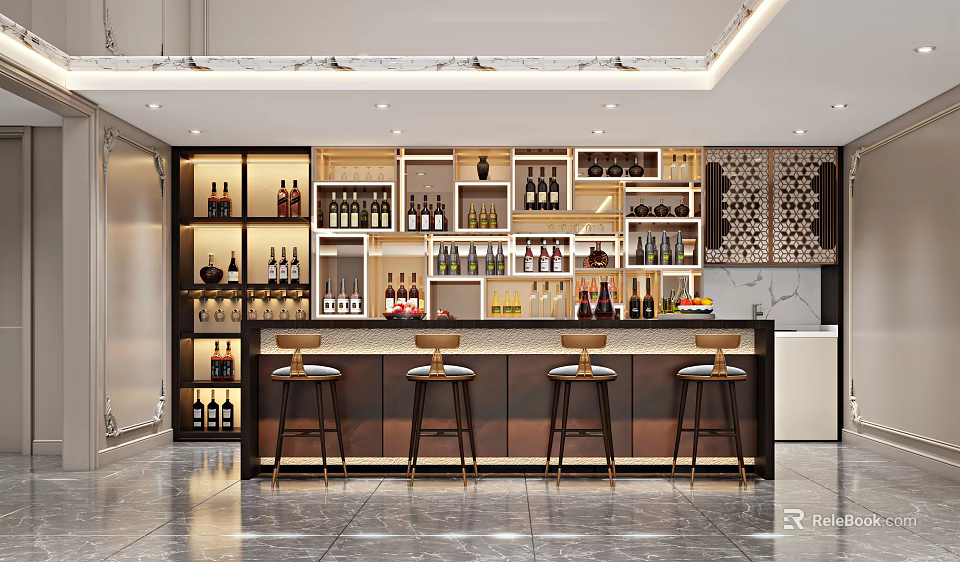 Modern Bar Area Design With Wine Cabinets Bar Stools Wine Bottles And Marble Counter 3d model 