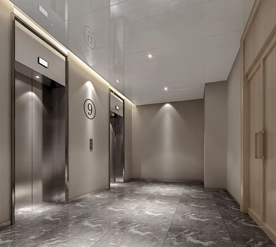 Modern Elevator Lobby With Stainless Steel Doors Marble Floor Light Colored Walls And Ceiling Lights 3d model