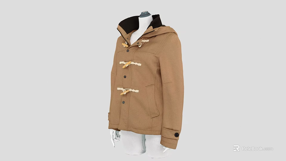 Stylish Brown Hooded Duffle Coat With Toggle Buttons And Classic Design 3d model