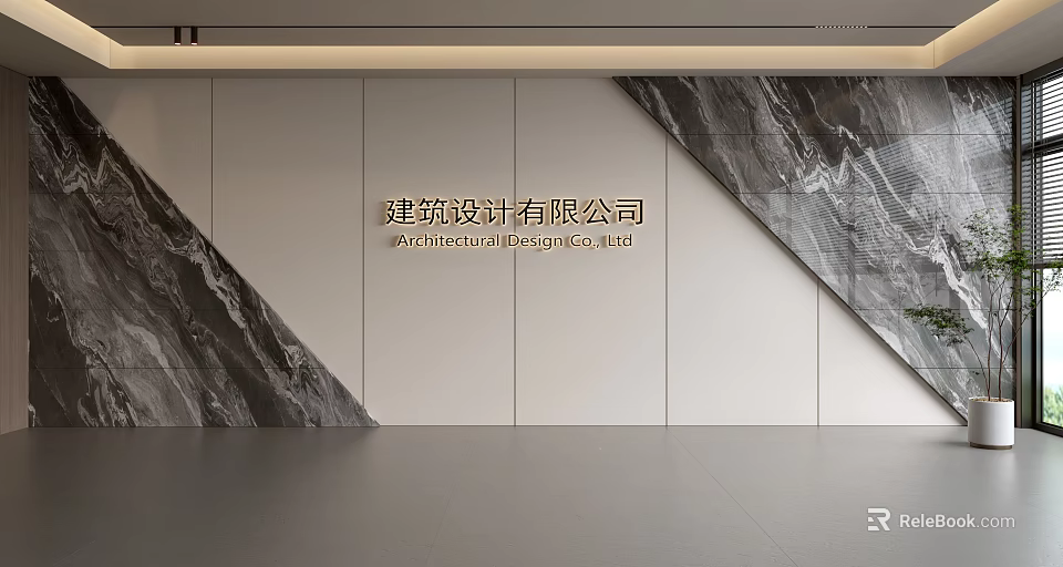 Modern Corporate Office Background Wall Featuring White Panels And Dark Marble Decor With Company Signage 3d model 