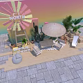 Colorful Windmill Outdoor Seating Area With Umbrella Cacti Plants And Stone Pavement