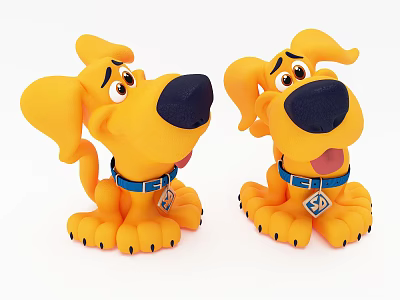Yellow Dog Plush Dolls with Blue Collars and Cute Cartoon Expressions for Kids Playtime 3d model