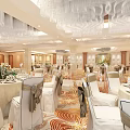 Elegant Banquet Hall With Chandeliers Floral Carpet Long White Aisle Decorated Tables And Large Windows