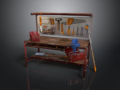 Functional Workbench with Metal Frame Pegboard Hanging Tools Wooden Worktop and Storage Shelf 3d model