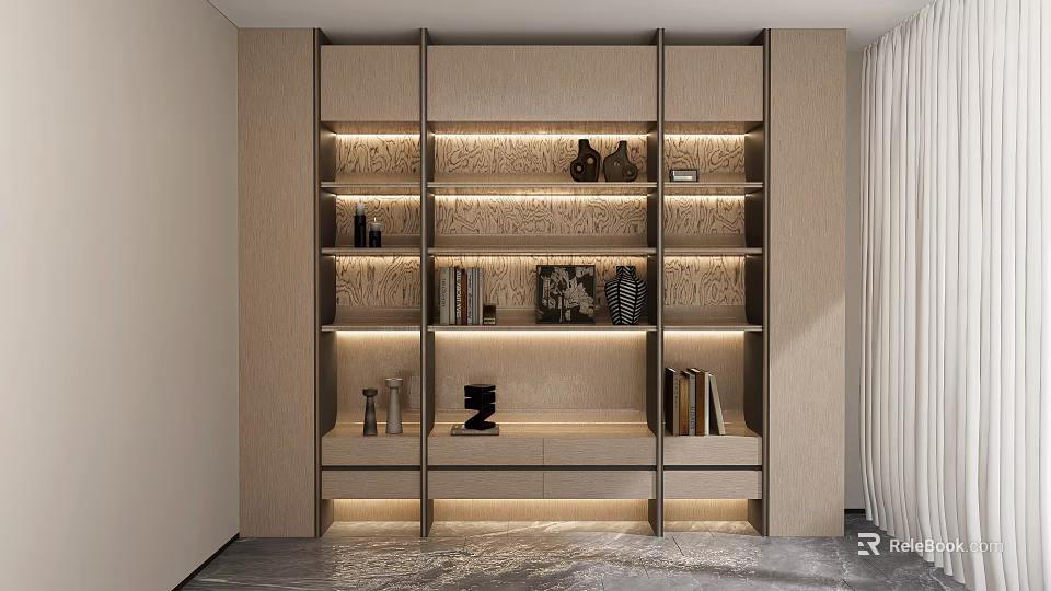 Modern Study Room Interior With Wooden Bookshelves Books Decorative Items And Warm Lighting 3d model 