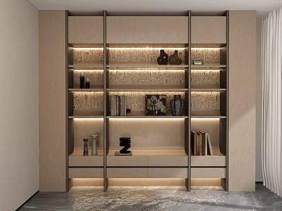 Modern Study Room Interior With Wooden Bookshelves Books Decorative Items And Warm Lighting 3d model