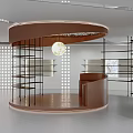 Modern Interior Showroom With Round Counter Display Shelves And Decorative Ceiling Lighting