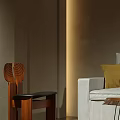 Modern Living Room Interior with Curved Wall Lighting Beige Sofa Cushions Wooden Table Chairs Rug