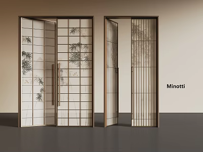 Elegant Japanese Style Hinged Doors With Wooden Frame Grid Design Bamboo Leaf Pattern By Minotti 3d model