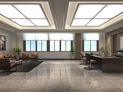 Modern Office Interior With Sofa Chairs Work Desk Green Plants Large Windows And Polished Floor 3d model