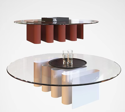 Modern Round Glass Top Coffee Table With Column Bases In Brown And Silver Finish 3d model
