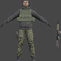 Tactical Human Character In Green Vest Helmet Camouflage Pants Holding Rifle On Gray Background