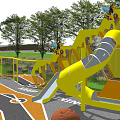 Playground Equipment With Yellow Climbing Structure Running Track Colorful Ground Green Lawn And Trees