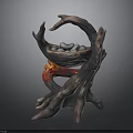 Root Shaped Decorative Structure With Wooden Texture Stone Filled Basket And Flame Base