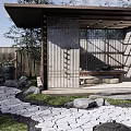 Rockery Stones in Modern Garden Landscape with Cracked Stone Path and Bamboo Trees