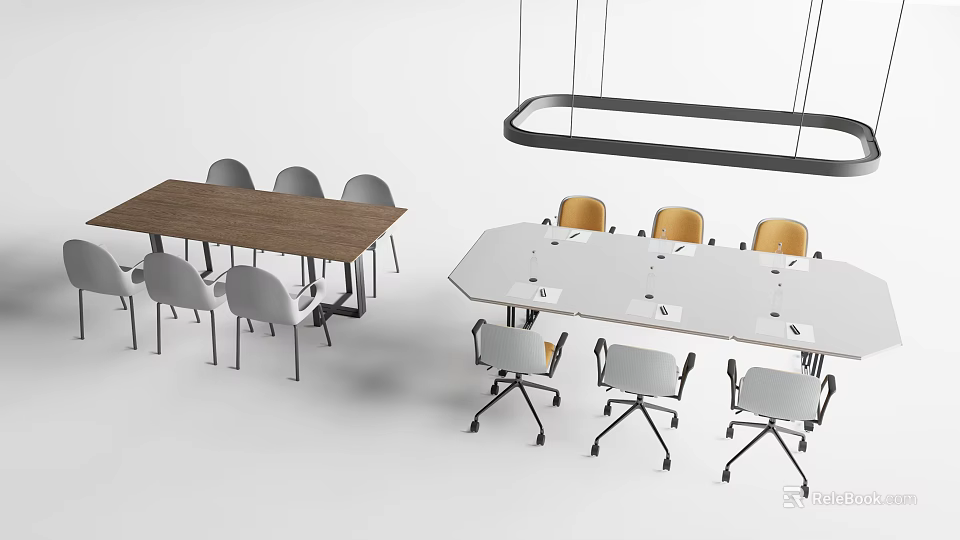 Modern Conference Tables with Rectangular Wooden and Hexagonal White Tabletop and Gray Yellow Chairs 3d model 