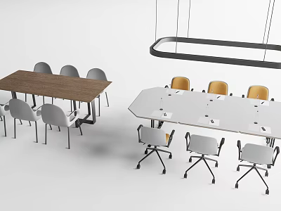 Modern Conference Tables with Rectangular Wooden and Hexagonal White Tabletop and Gray Yellow Chairs 3d model