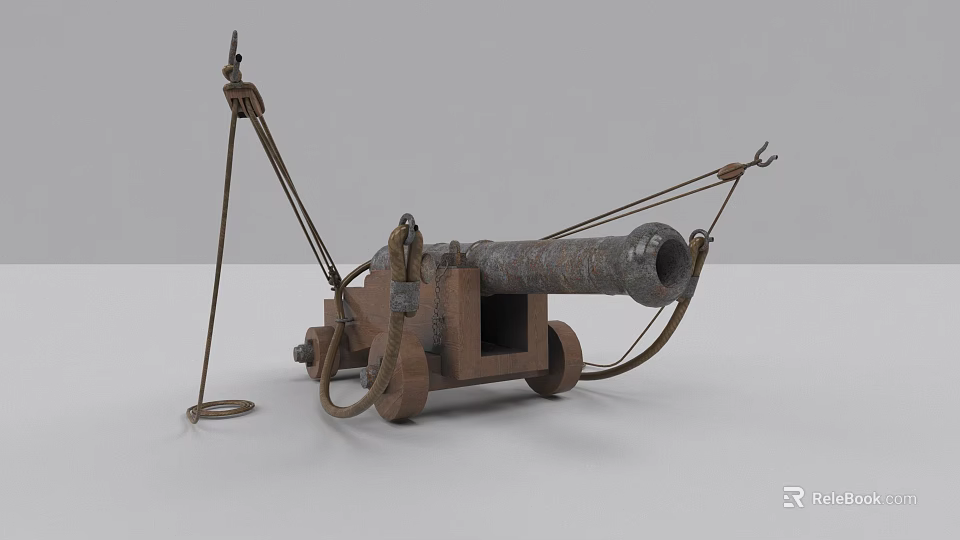 Ancient Cannon Historical Military Weapon With Metal Barrel Wheels And Ropes 3d model 