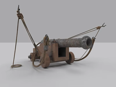 Ancient Cannon Historical Military Weapon With Metal Barrel Wheels And Ropes 3d model
