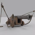 Ancient Cannon Historical Military Weapon With Metal Barrel Wheels And Ropes