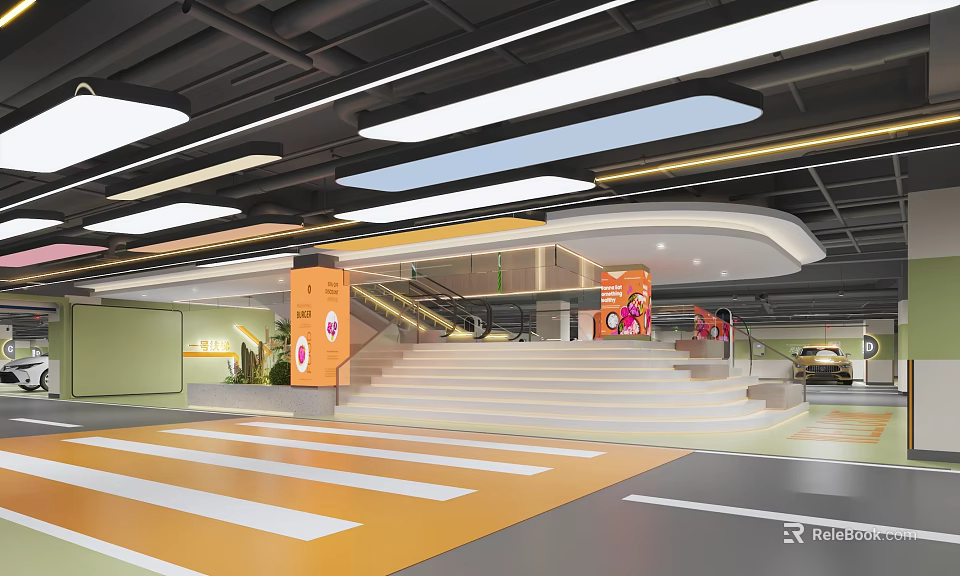 Stylish Modern Underground Commercial Parking Lot Interior With Elegant Staircase And Clear Pedestrian Layout 3d model 