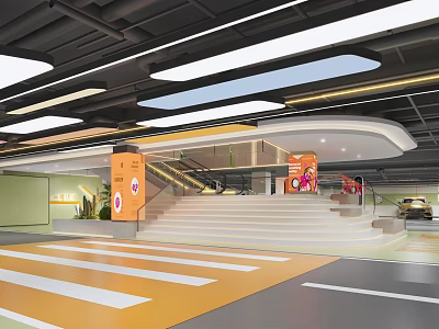 Stylish Modern Underground Commercial Parking Lot Interior With Elegant Staircase And Clear Pedestrian Layout 3d model