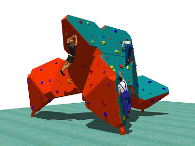Climbing Wall Sports Equipment With Multifaceted Red And Blue Panels Colorful Holds And Climbers 3d model