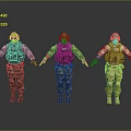 Three Tactical Military Figures In Different Uniforms With Protective Goggles And Vests